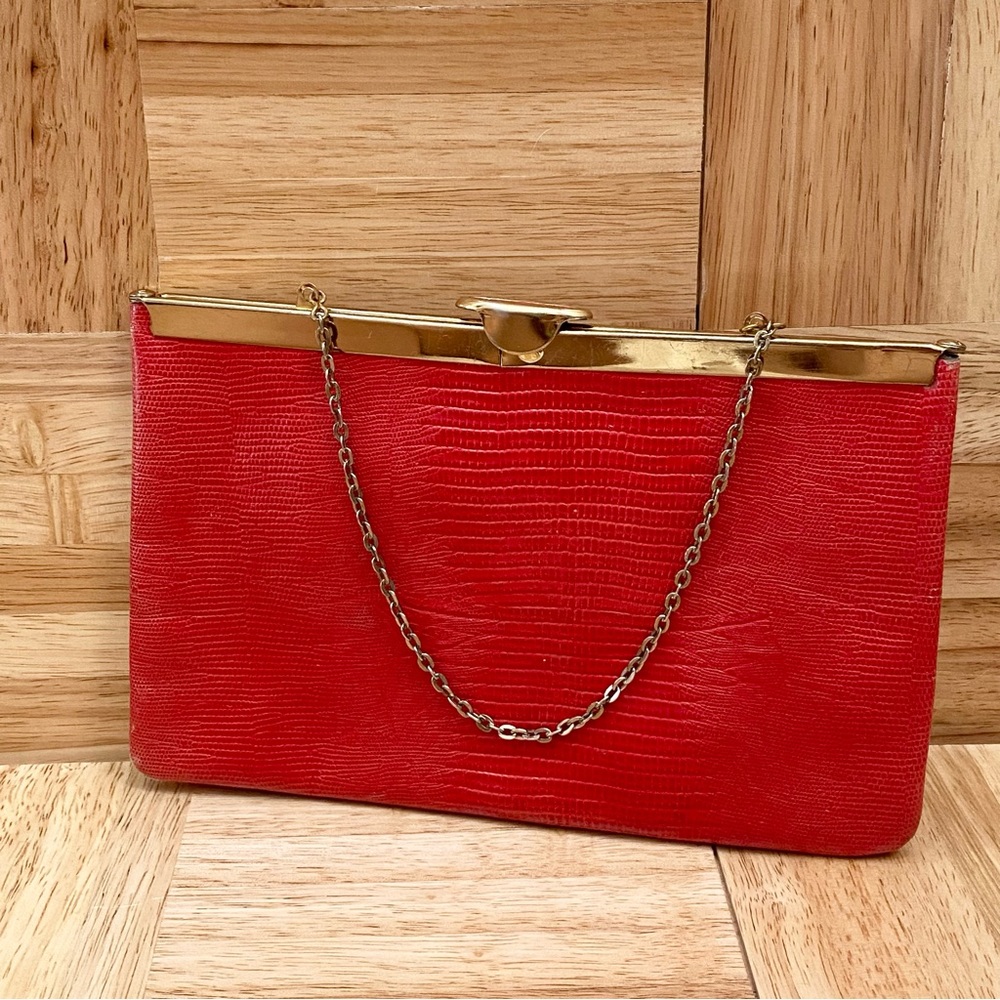 Vintage ETRA Genuine Leather Red Leather Kiss-Lock Convertible Clutch Bag
